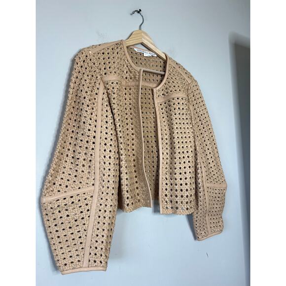 NEW Veronica Beard Fio Woven Leather Puff Sleeve Eyelet Jacket Brown Size: M - Picture 7 of 8